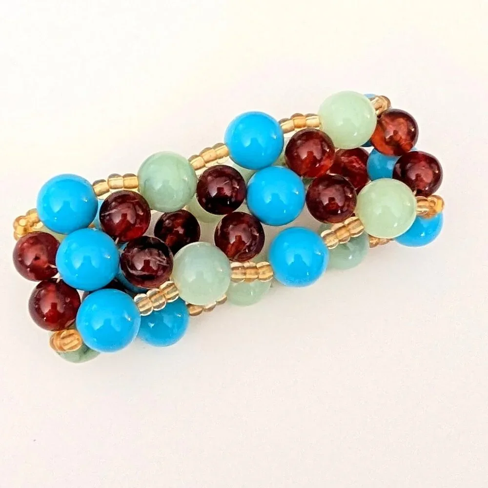 Blue, amber, green and pale yellow beaded stretch bracelet